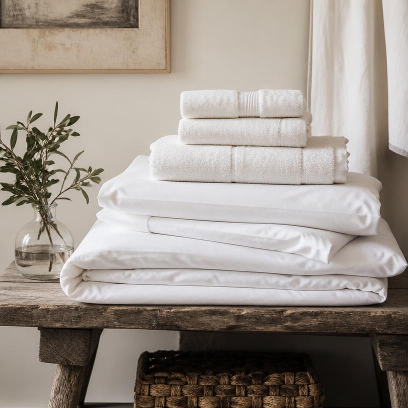 Neatly folded white linens on a wooden bench