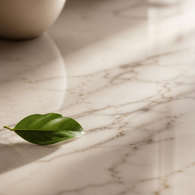 A polished marble countertop with a single green leaf
